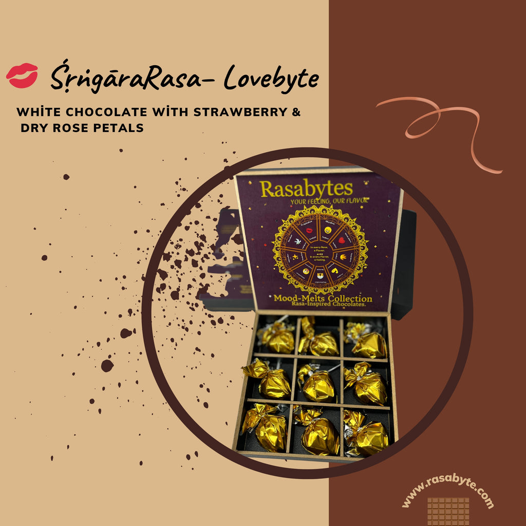 💋ŚṛṅgāraRasa – Lovebyte (A romantic indulgence – creamy white chocolate blended with strawberry and rose, crafted to melt hearts.)