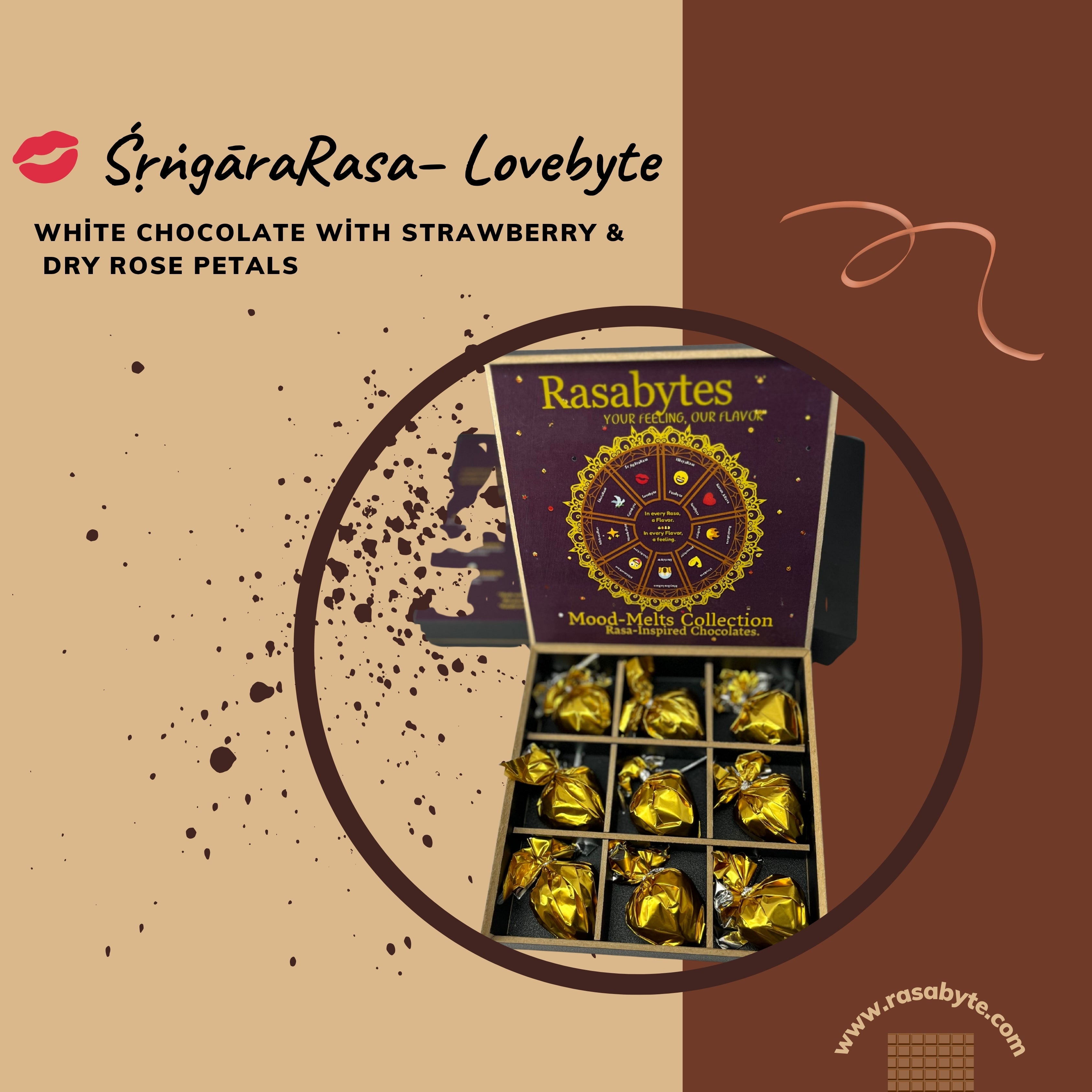 💋ŚṛṅgāraRasa – Lovebyte (A romantic indulgence – creamy white chocolate blended with strawberry and rose, crafted to melt hearts.)