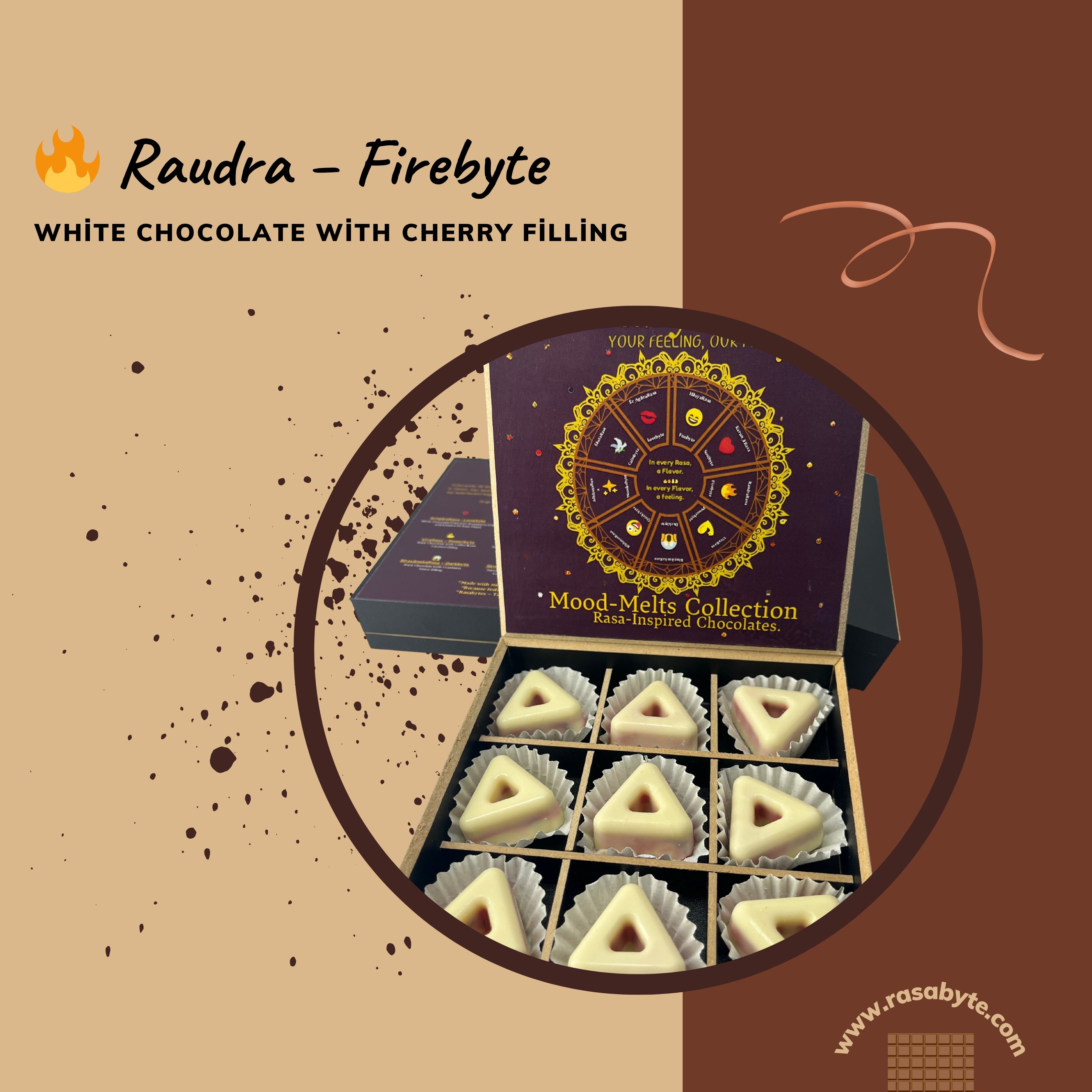 🔥 RaudraRasa – FireByte - A bold indulgence – smooth white chocolate meets tangy cherry fire, awakening passion in every bite.